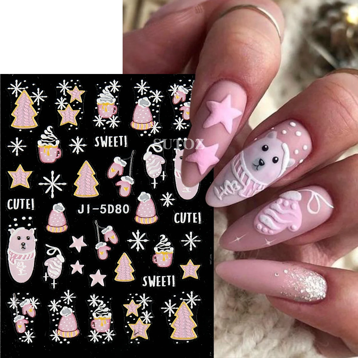 5D en relief Noël ongles autocollants dessin animé renne ongles décalcomanies démontrent de neige pull tricot conception nouvel an horloge manucure LEBJI-5D