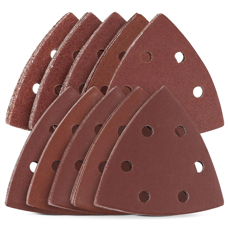 

100 шт., 40-400 зернистость, треугольная наждачная бумага, 6 отверстий, шлифовальные диски с крючками и петлями, флокирующая наждачная бумага для полировки дерева, камня, металла