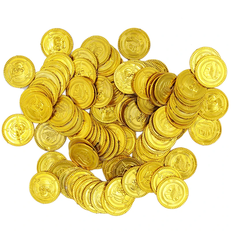 100Pcs Plastic Gold Treasure Coins Captain Pirate Party Favors Pretend Treasure Chest Kids Party Supplies Party Coins