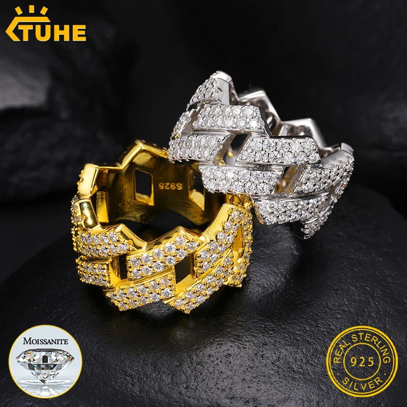 

TUHE Luxury 14MM Cuban Link Chain Ring 925 Silver Moissanite For Men Women Simple Fashion Gift Handmade Mens Hip Hop Jewelry