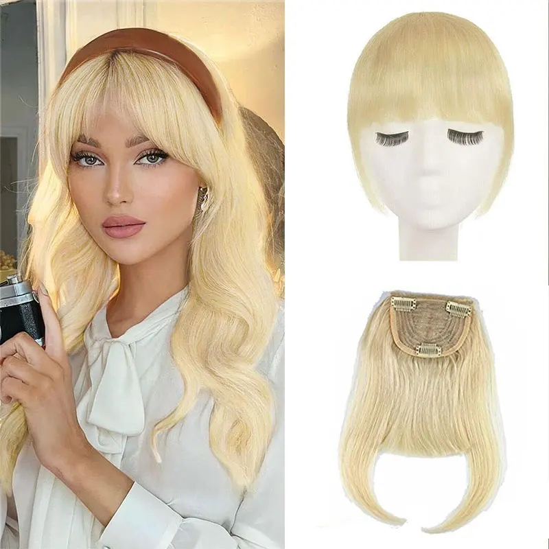 Clip in Bangs 100% Real Human Hair Clip on Wispy Bangs Fringe with Hairpieces For Women Fake Front Bangs Extensions Blonde 613#