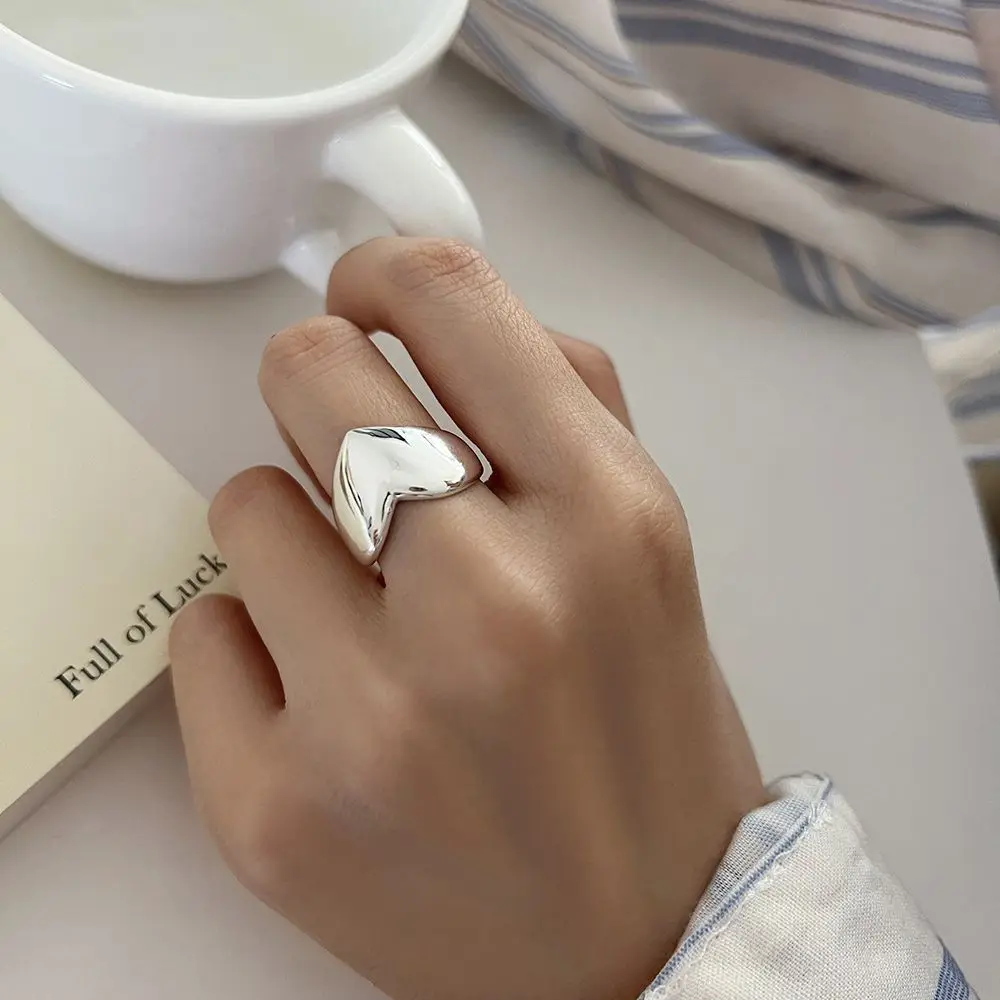 BF CLUB 925 Sterling Silver Simple Heart Rings for Women Couple Fashion Geometric Vintage Handmade Irregular  Ring Party Gifts