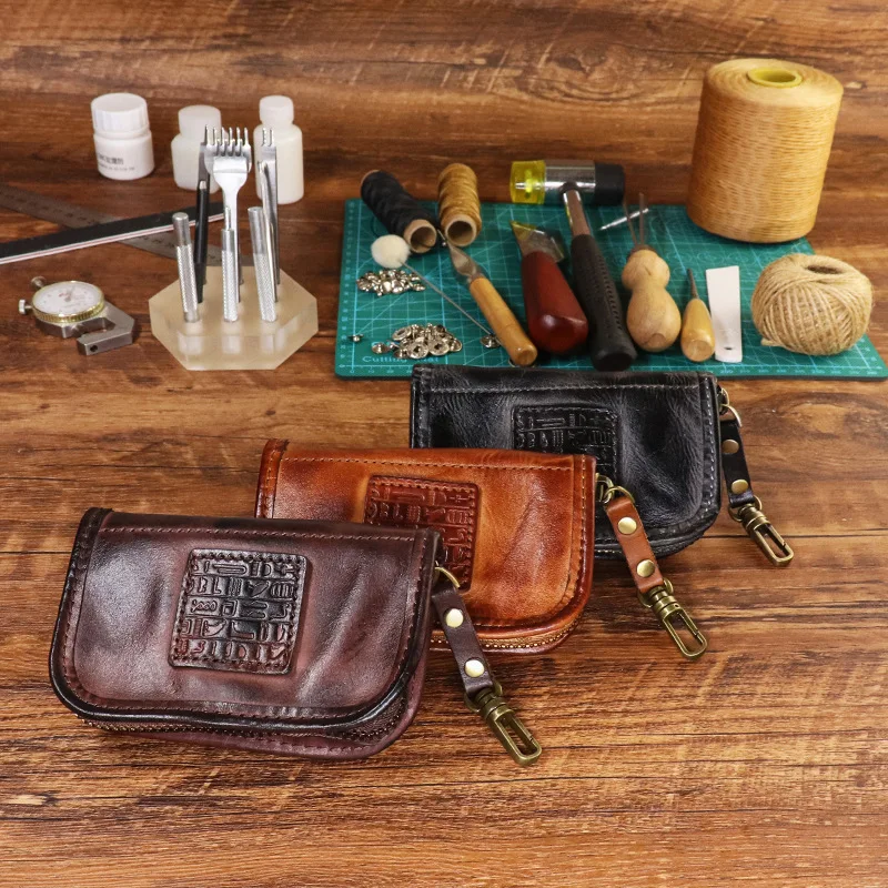 Tas Kunci Kulit Sapi Lapisan Atas Tanpa Pewarna Buatan Tangan, Tas Penyimpanan Resleting Kapasitas Besar Bermotif, Tas Kartu Kunci Mobil Sederhana