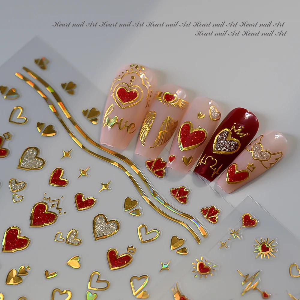 6 stuks 3D laser gouden hart boog slot nail art stickers zoete rode liefde zelfklevende nagelstickers romantische manicure decoratie slider