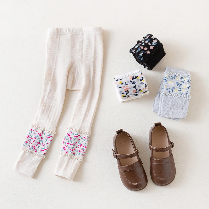 بنطال ضيق من الدانتيل القطني بكشكشة وزهرة للأطفال ، بنطال ضيق للفتيات ، بنطال ضيق بقصة رصاص ، طفل صغير ، ربيع ، خريف