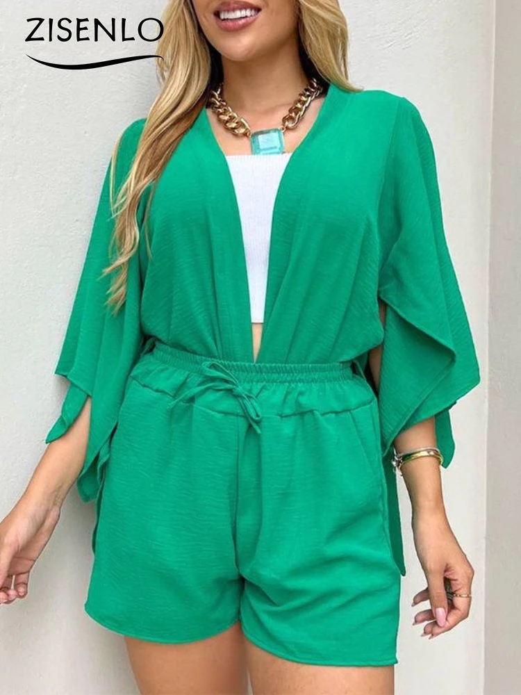 Short Sets Summer Casual Slit Seven Part Sleeve Cardigan Top Drawstring Shorts Two Piece Sets Womens Outifits Cheap Elegant Suit