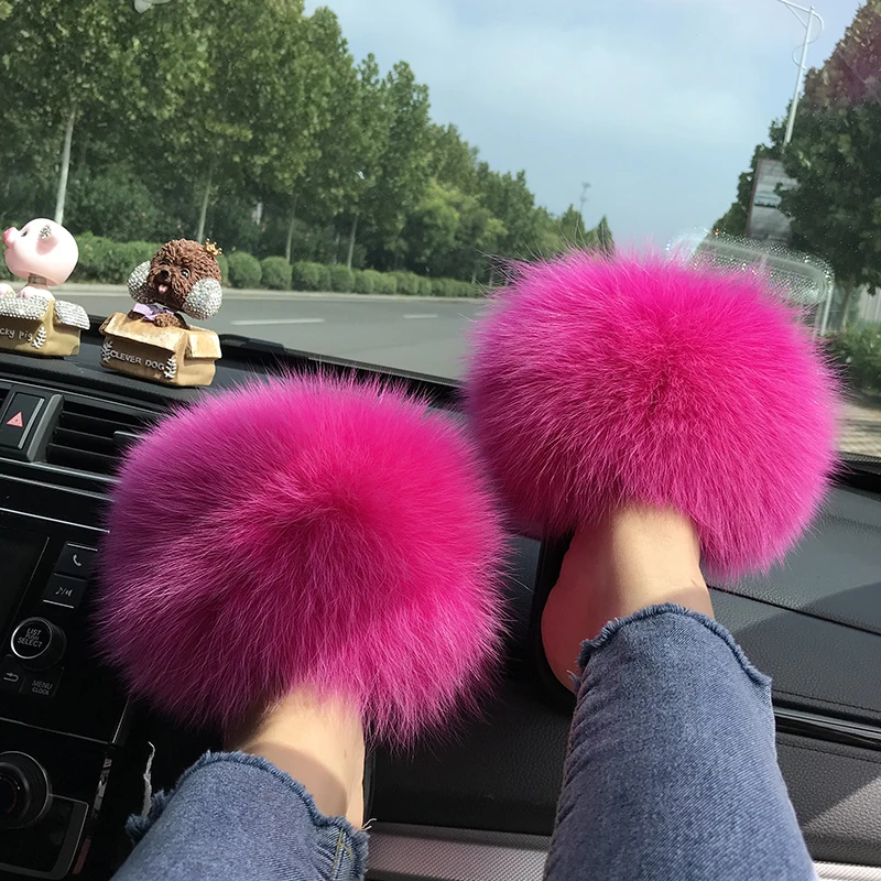 Fox Fur Slippers Women Summer Furry Home Outdoor Flat Sandals Casual Boys Raccoon Slides High Quality Luxury Flip Flops Shoes