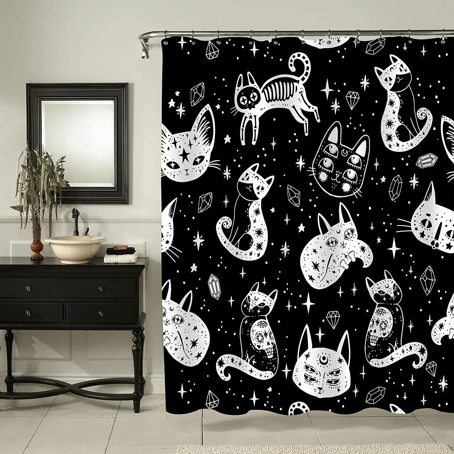 Black and White Cat Shower Curtains Set Cute Abstract Kitten Theme Woman and Girl Gifts Fabric Bath Curtain For Bathroom Decor