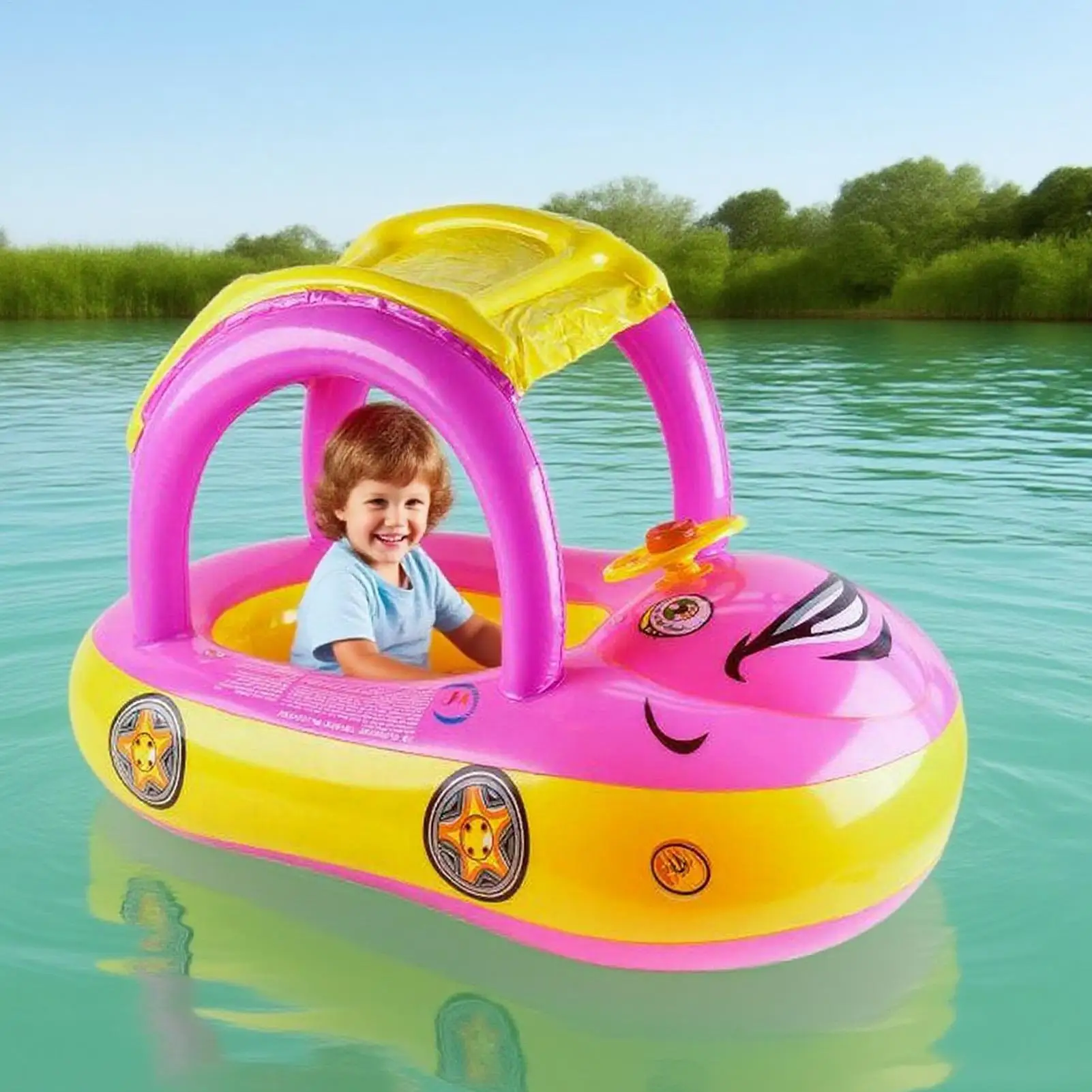 Toddler Pool Floats Swim Floats For Toddler Inflatable Car Shape Canopy Flotation Trainer Toys With Sunshade For Summer Beach