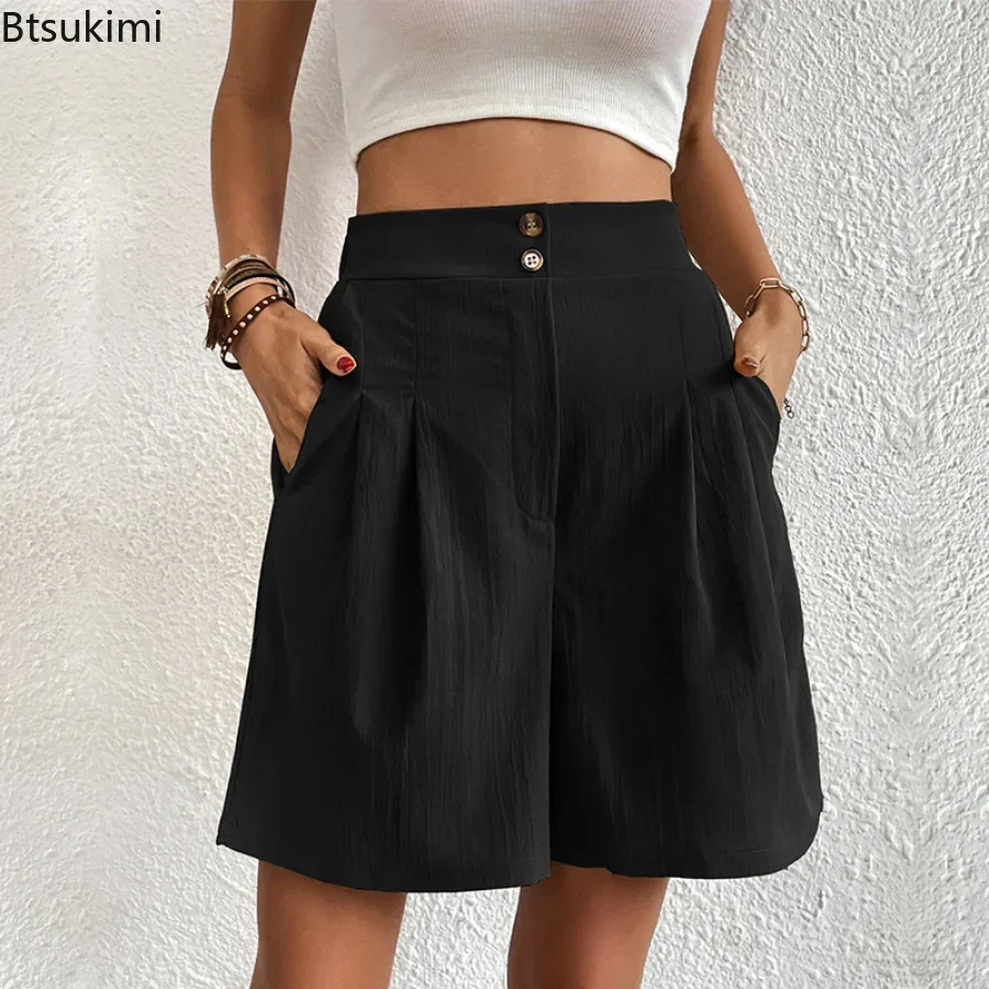 New 2025 Women's Summer Casual Shorts High Waist Solid A-Line Pocket Wide Leg Pants Female Loose Breathable Shorts Pants Women
