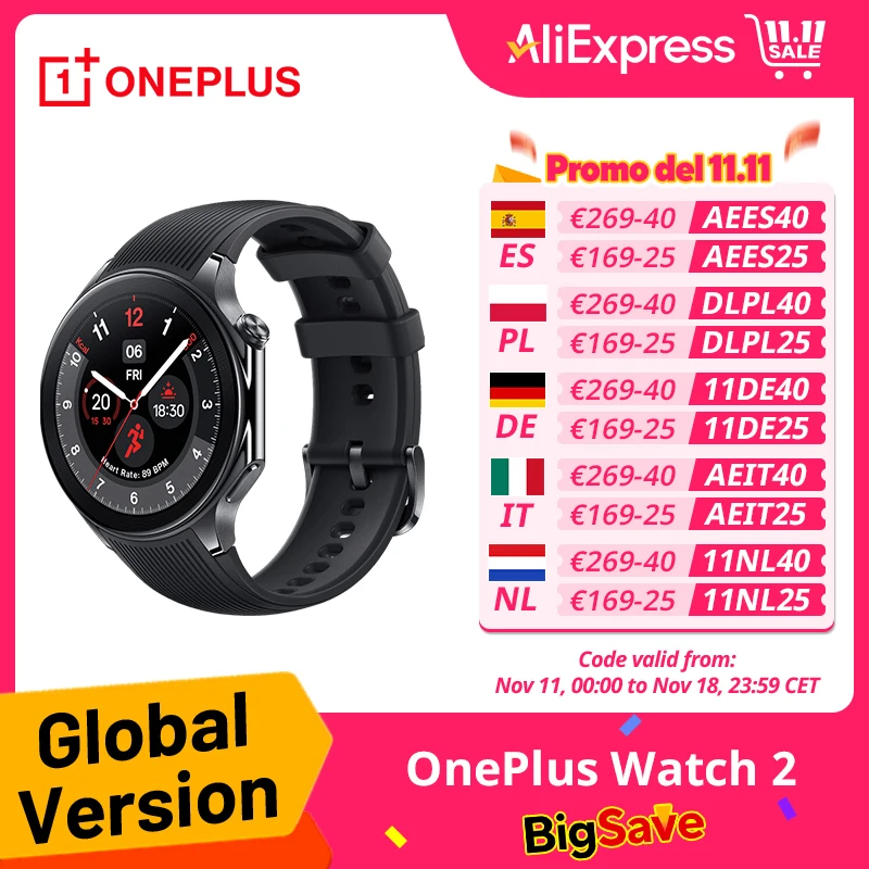 Version globale OnePlus Watch 2 Smart Watch Ecran AMOLED 1.43'' Snapdragon W5 Gen 1 GPS double fréquence Wear OS 4 100+ Sports Modes NFC