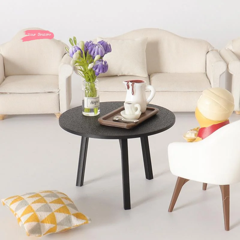 Mini Black round Table Model 1/12 Scale Dollhouse Furniture Living Room Decor Dolls House Pretend Play Toy for Collectors