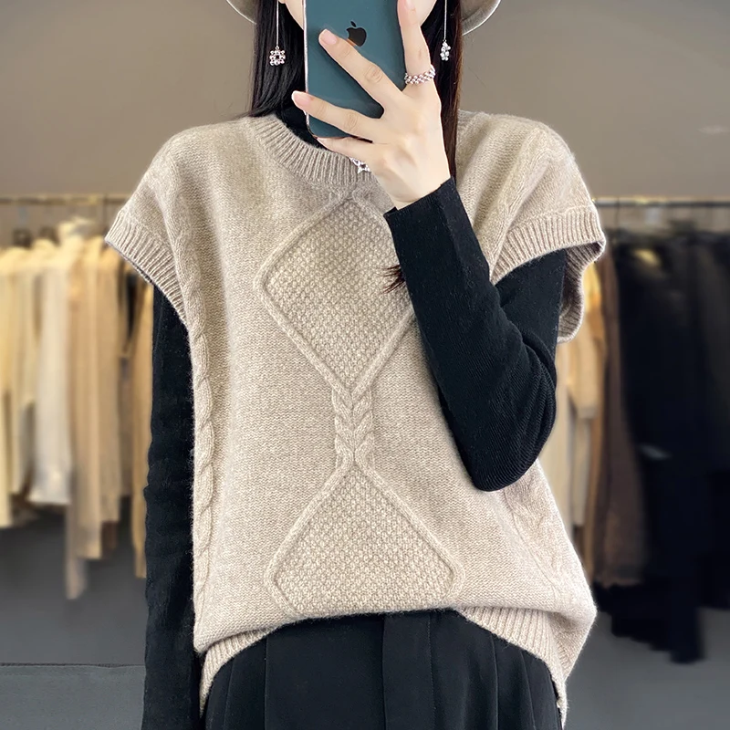 new cashmere vest women's O-neck 100% pure wool pullover warm knit bottoming vest autumn and winter vest