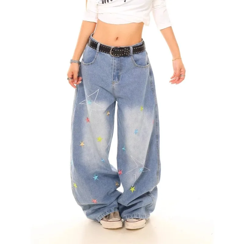 Designed Heavy Industrial Chain Printed Straight-leg Long Pants Trendy Street Retro Punk Hip-hop Floor-length Jeans Fashionable