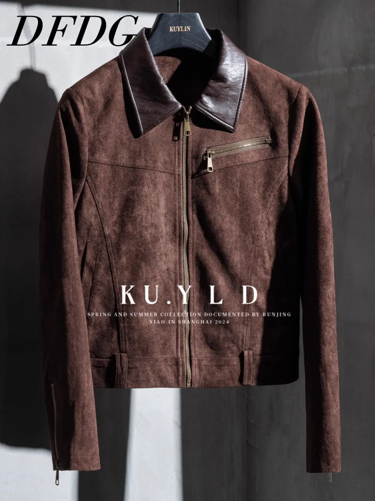 

DFDG Women's 2025 Autumn Winter Vintage Moto Jacket Faux Suede Distressed PU Lapel Zipper Oversized Slimming Stylish Coat
