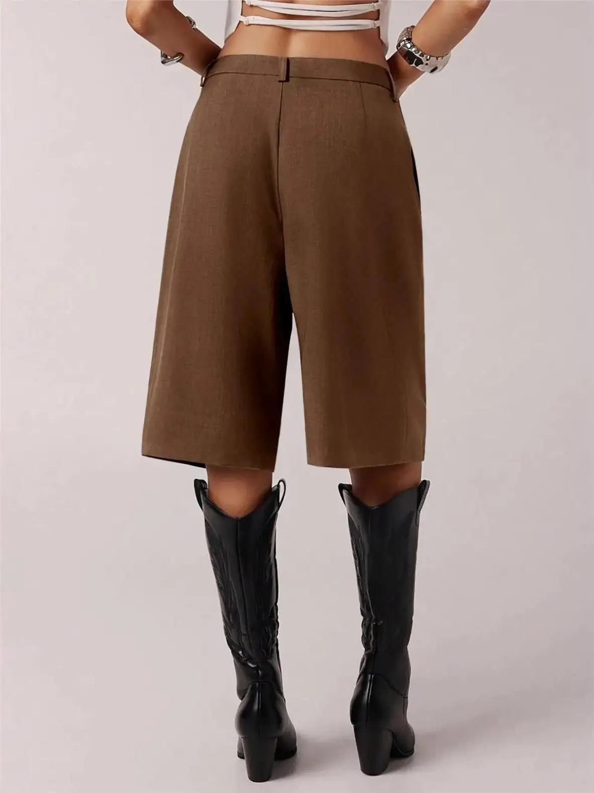 Summer Versatile Commuting Loose Suit Five Quarter Shorts Casual Straight Leg Pants mid Waist PU Fabric Slightly Stretchy