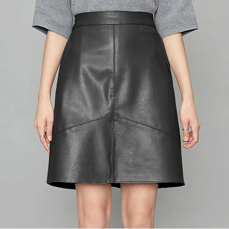 Women's Skirts Korean Fashion Simple Black Versatile Genuine Leather Skirt High Waist A-Line Slim Sheepskin Spliced Micro Skirt