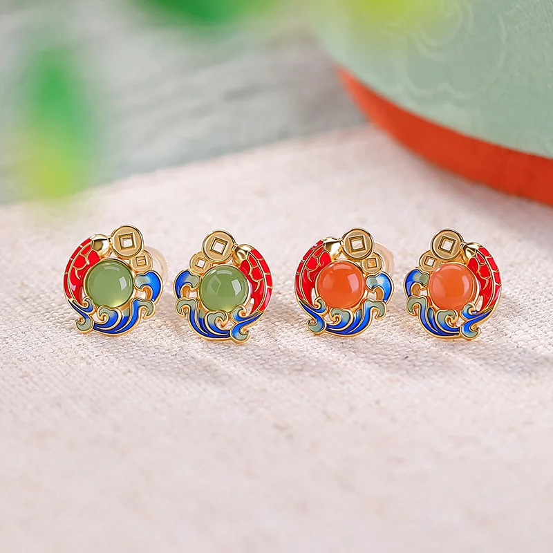 S925 Silver Enamel Koi Fish And Red Hetian Jade New-Style Fortune Earrings