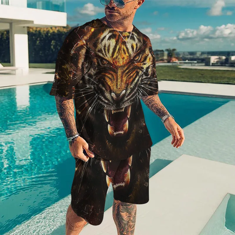 Summer Men Casual T-shirt Sets For Man Tracksuit Fashion 2-piece Oversize Outfit Animal Lion Tiger Suit Gym Streetwear 2023