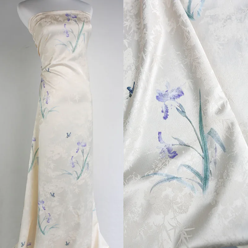 Elegant Orchid Grass Jacquard Print Fabric Breathable Skin Friendly for Qipao Shirt Suits Dresses Blouses Spring Summer Textile