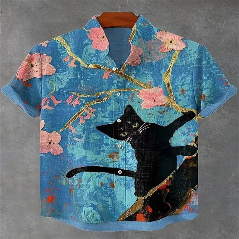 New artistic vacation short sleeved top with light base color peach blossom landscape print daily men's shirt