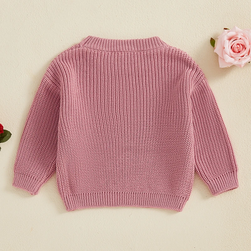 Toddler Valentine s Day Sweaters Letter Heart Embroidered Long Sleeve Round Neck Ribbed Chunky Knit Jumper Tops