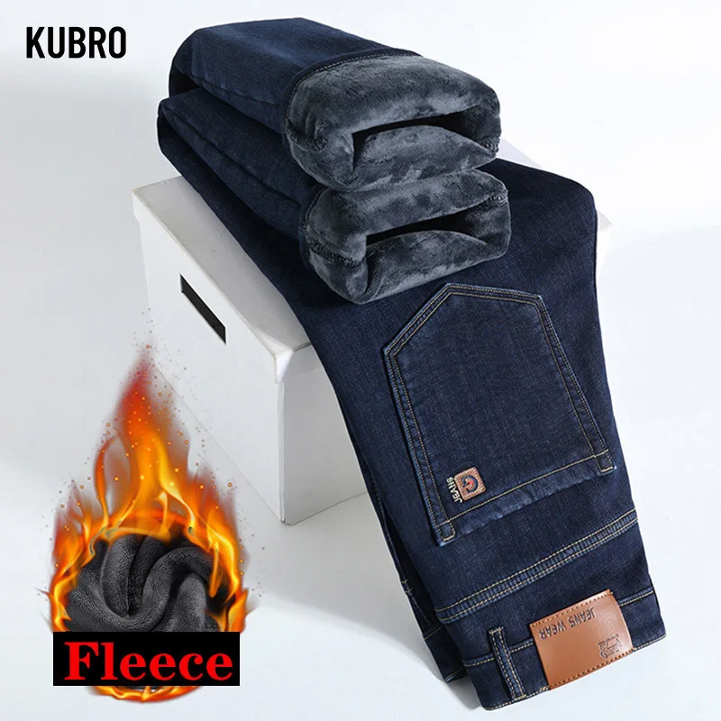 High Quality Men Fleece Jeans Business Casual Slim Straight Denim Trousers Autumn Winter New Plus Size Thickened Warm Men Pants