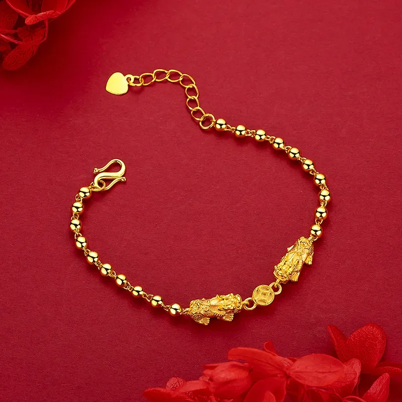 9999 Real Gold 24K Double Pixiu Buddha Bead Bracelet Gold Pixiu Round Bead Women's Bracelet