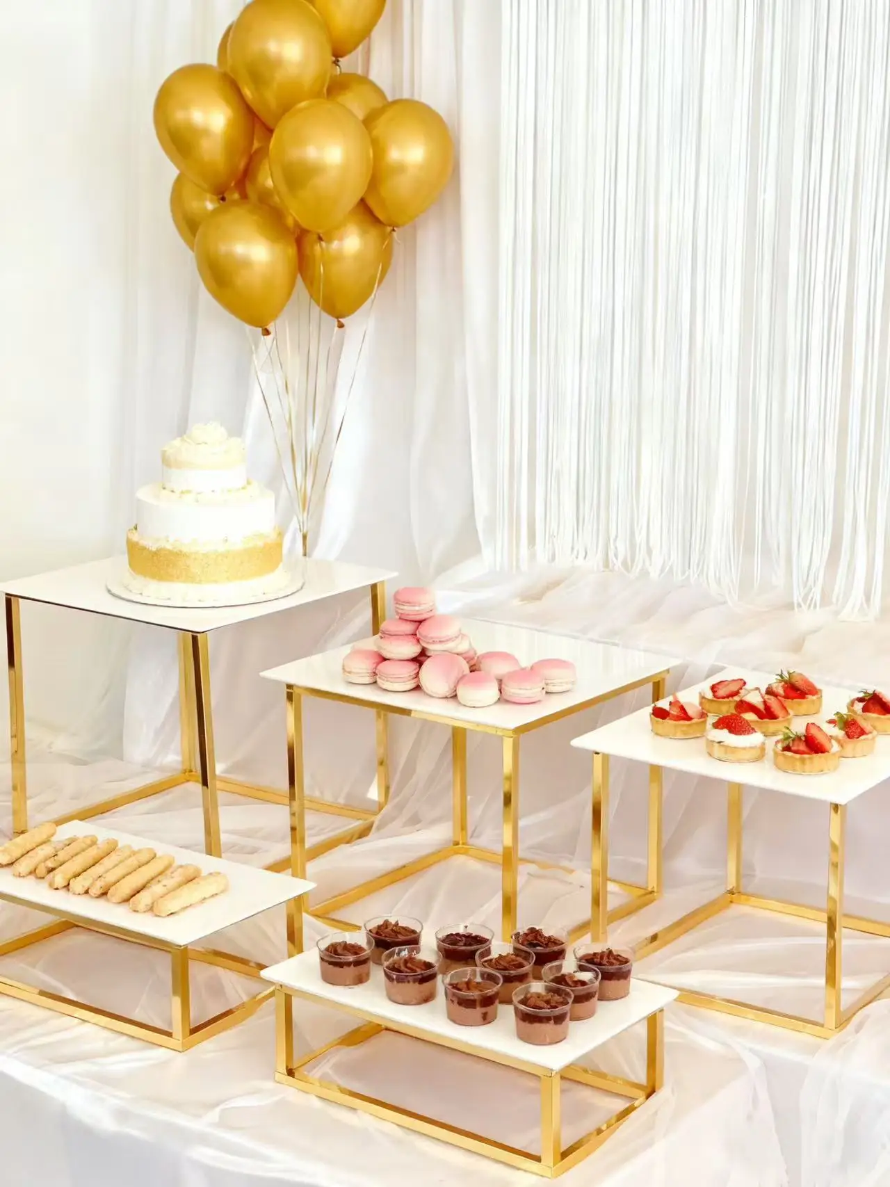 

Luxury Gold Geometric Metal Cake Stand Collection, White Square Tray Dessert Holders, Wedding Dessert Table Party Decor Props
