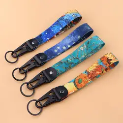 Van Gogh Short Lanyard Oil Painting Starry Sky Wrist Strap Key Ring Lanyard Tags Key Strap Car Motorcycle Keychain Accessories