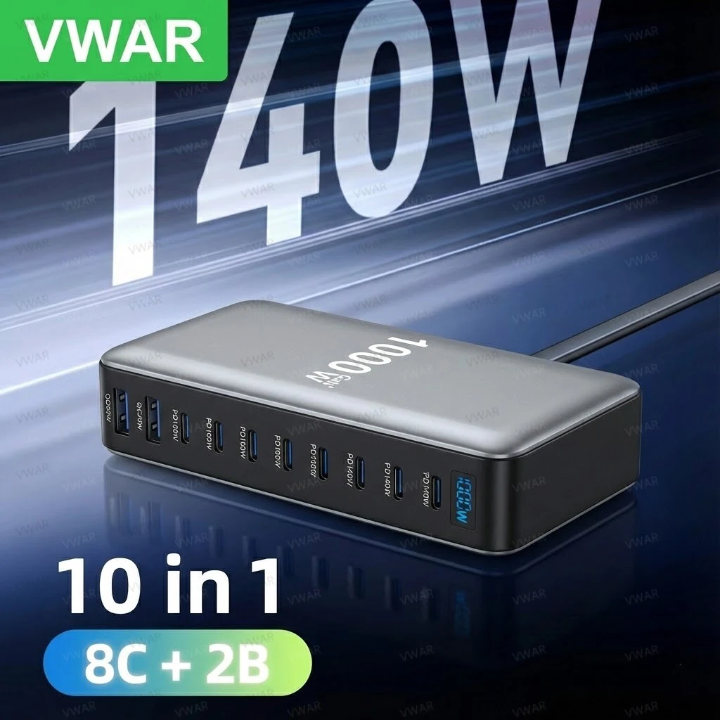 

Многопортовое настольное зарядное устройство 1000 Вт с быстрой зарядкой 8C2A, общая мощность 200 Вт для ноутбуков, планшетов, Type-C PD3.1 для iPhone 17, Xiaomi