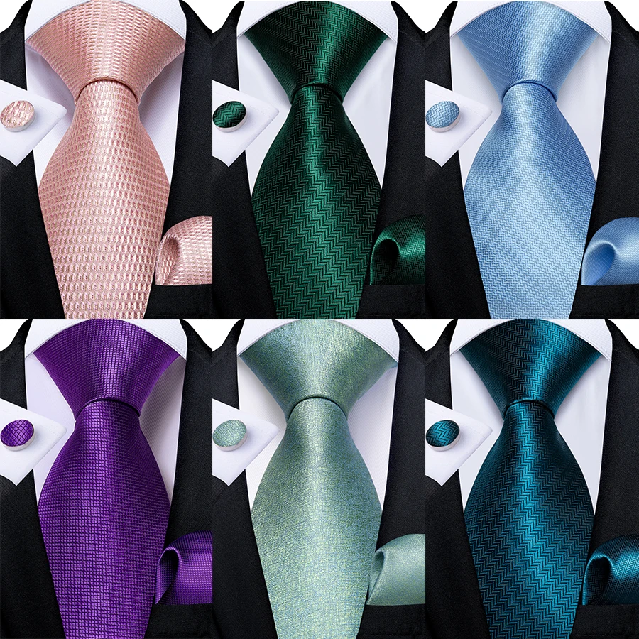 Men's Ties Solid Pink Blue Green Purple Wedding Party Accessories Groom Necktie Handkerchief Cufflinks Gift for Husband