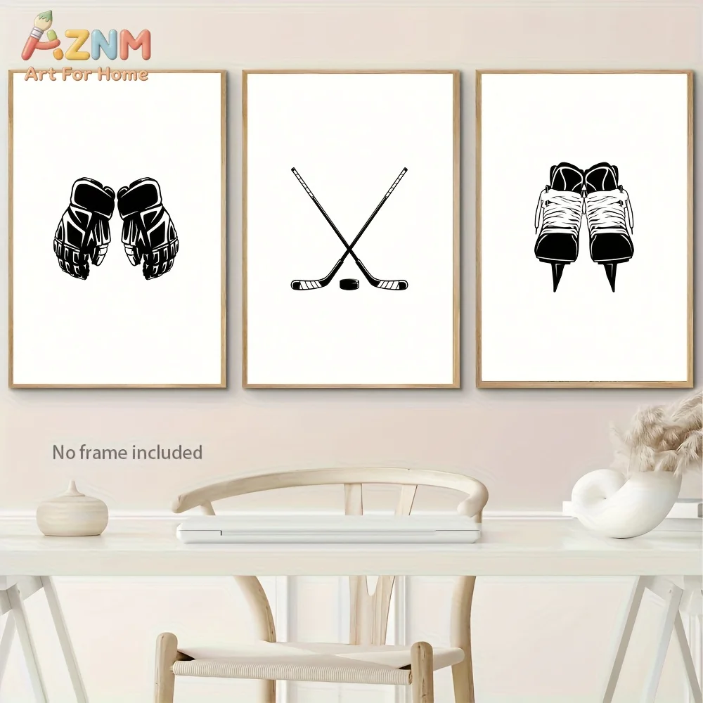 3PCS Black White Ice Hockey Equipment Canvas Wall Art Prints Set, Hockey Gloves Sticks Skates Minimalist Artwork Posters, No Fra