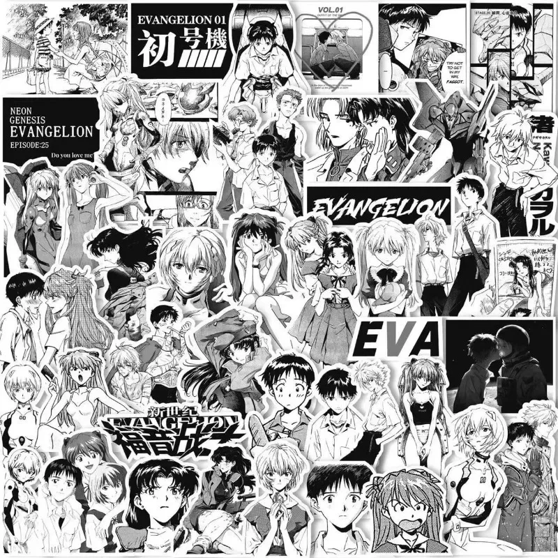 60PCS Evangelion EVA Handbook Stickers Asuka Ayanami Rei Ikari Shinji Black and White Comics Mobile Phone DIY Stickers