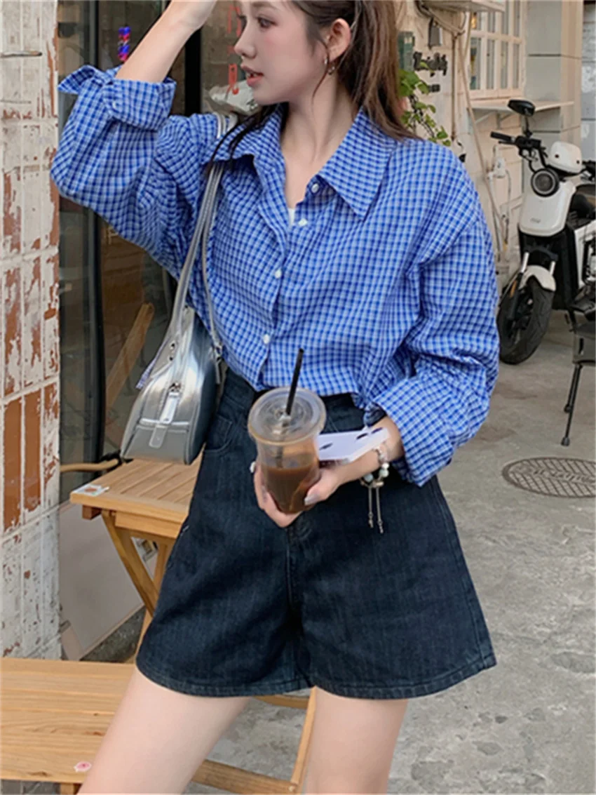 Alien Kitty 2024 Blue Shirts Plaid Chic Women Fashion Slim New Autumn Loose Full Sleeve Casual All Match High Street Work Wear