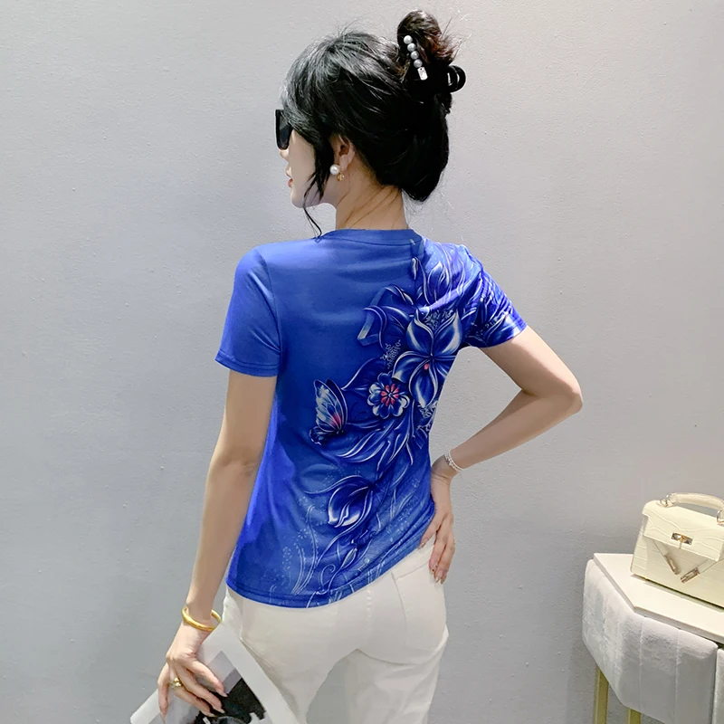 MadBlack European Clothes Tshirt Women Sexy Round Collar Position Print Slim Mesh Tops Short Sleeve Tee Summer New 2024 T44902JM