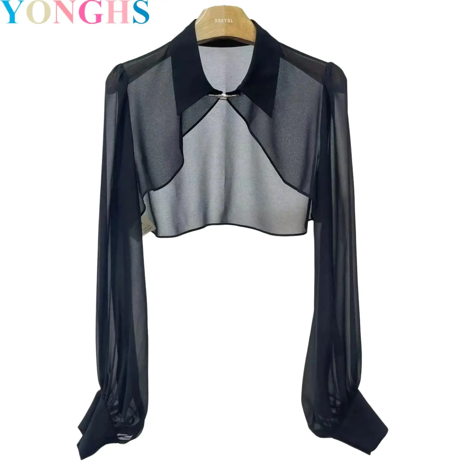 

Women Turn-down Collar See-through Shrug Top Fashionable Long Sleeves Bolero for Wedding Party Birthday Photography
