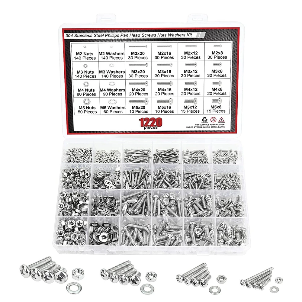 

1220pcs M2/M3/M4/M5 304 Stainless Steel Phillips Pan Head Screws Nuts Washers Assortment Kit Various Sizes To Meet Your Needs