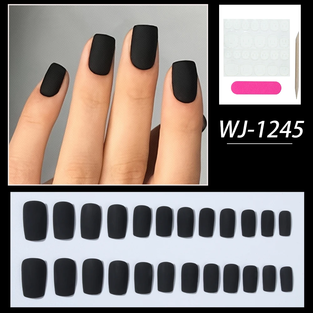 24pcs/box press on nails detachable, short false nail black matte square nail, simple natural design,reusable nail care tools