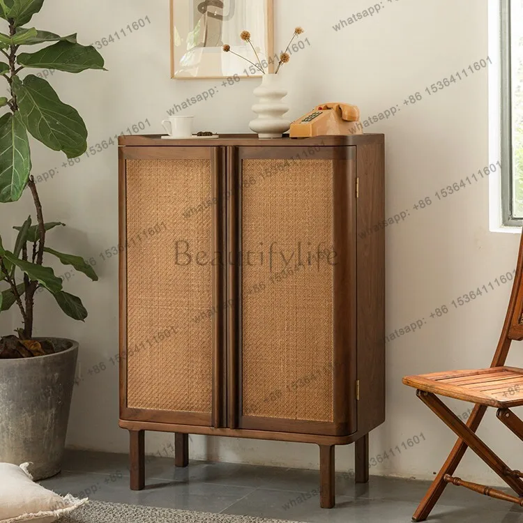 LS medieval black walnut solid wood household door entrance entrance entrance integrated ultra-thin side cabinet