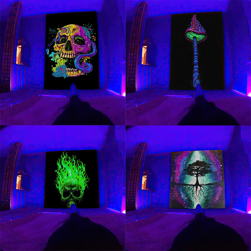 Black light Tapestry UV Reactive Psychedelic Skull mushroom Wall Hanging Hippie  for Bedroom Dorm Indie Room Decor