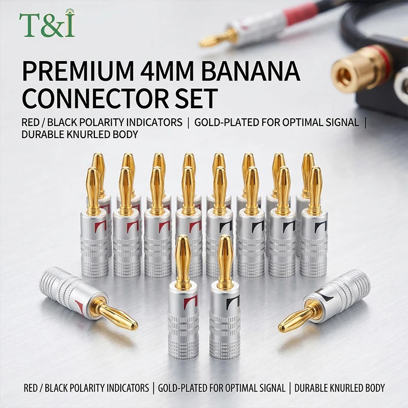 

20Pcs/10Pairs 4mm Nut Banana Plugs | 24K Gold-Plated Screw Lock Audio Connectors, Black & Red for Speaker Jacks & HiFi Systems