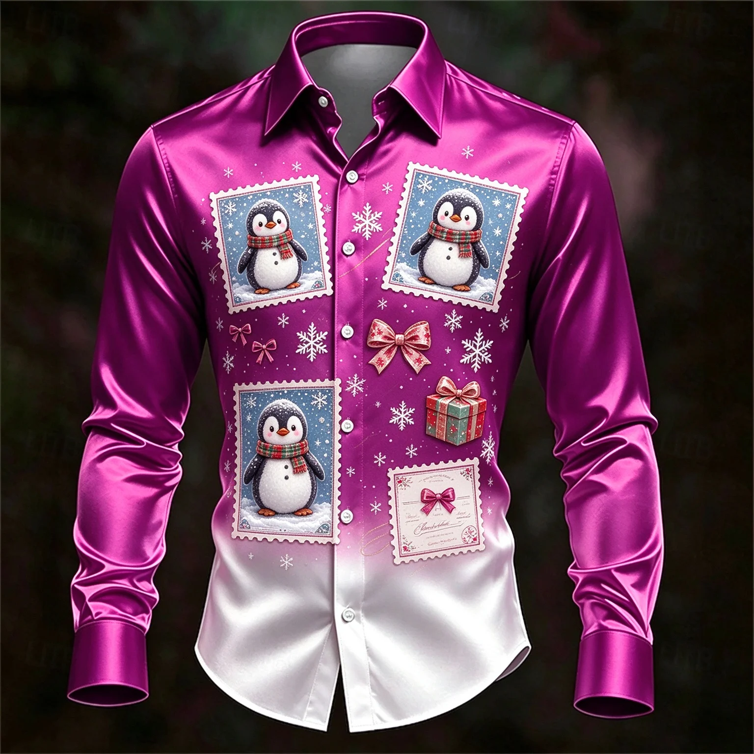 New red and black checkered Santa Claus men's long sleeved shirt Christmas pine snowflake holiday printed shirt