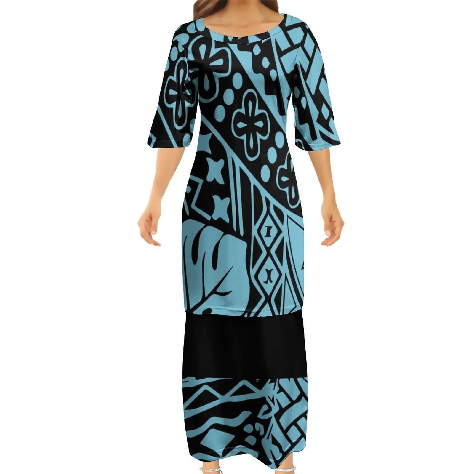 Summer Short-Sleeved Round-Neck Puletasi Custom Polynesian Women'S Dress Pattern Pacific Island Casual Women'S Wear