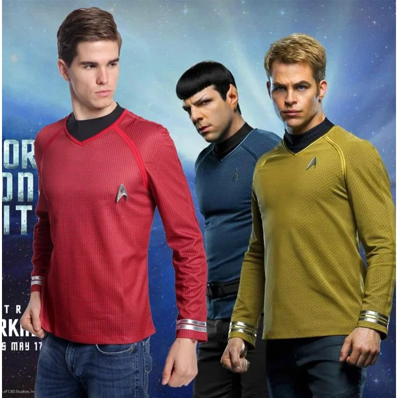 

Women Men TOS Captain Cosplay Shirt For Men and Dress for Women Kirk Gold Spock Blue Uniform Red Starfleet Tops Dresses