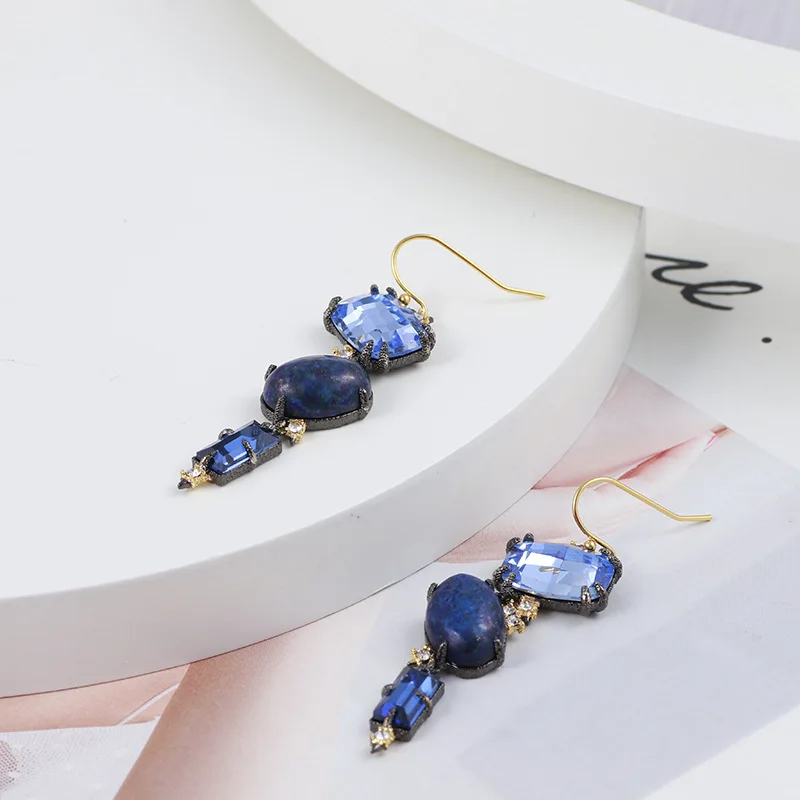European & American Creative Designer Style Gun Black Blue Cyan Gold Zircon Long Earrings for Women, Hook Earrings, Jewelry Gift