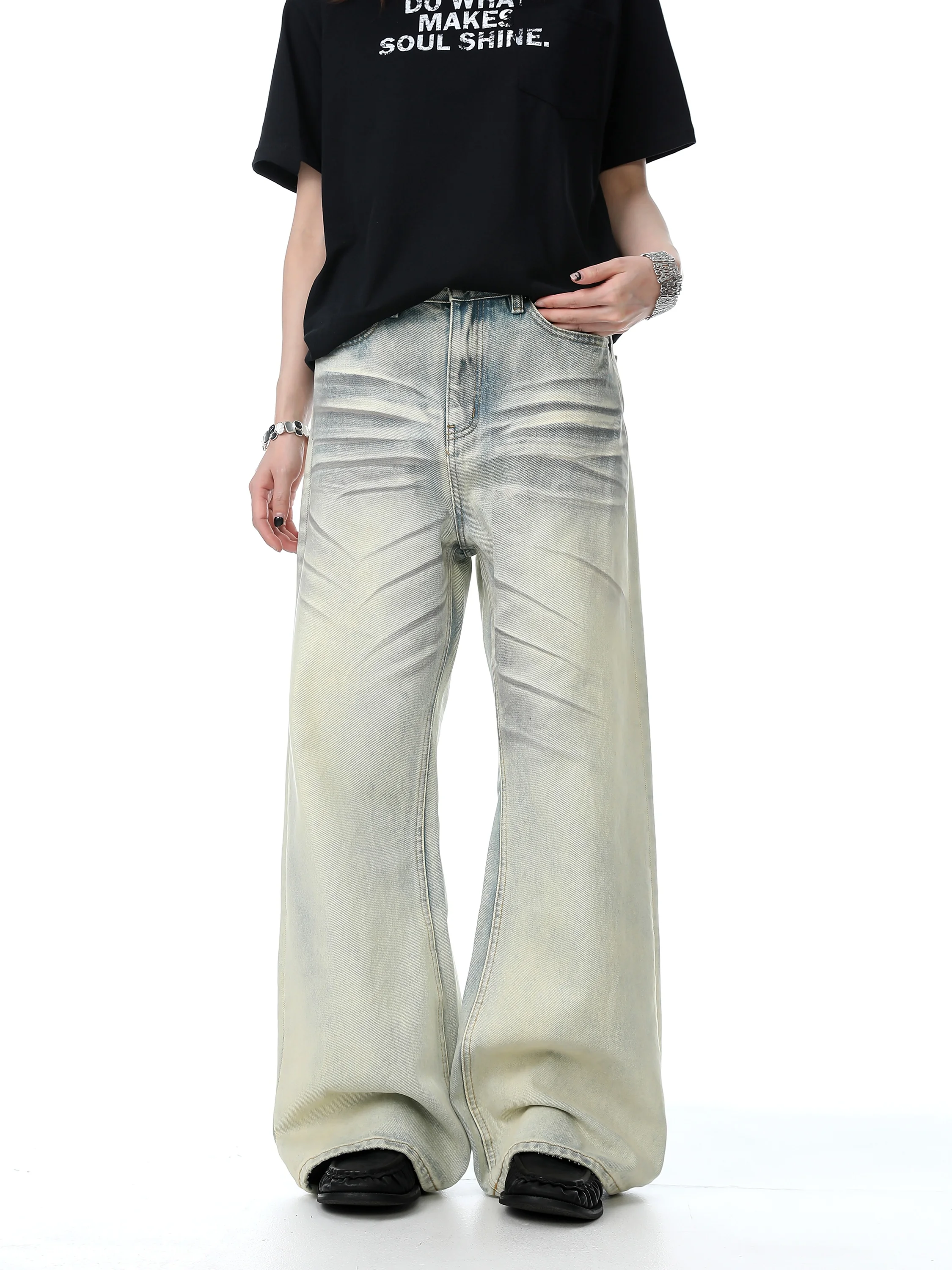 

Retro American Washed Straight Leg Jeans Loose Wide Leg Jeans Cleanfit Youthful Cotton Blend Winter Casual Jeans