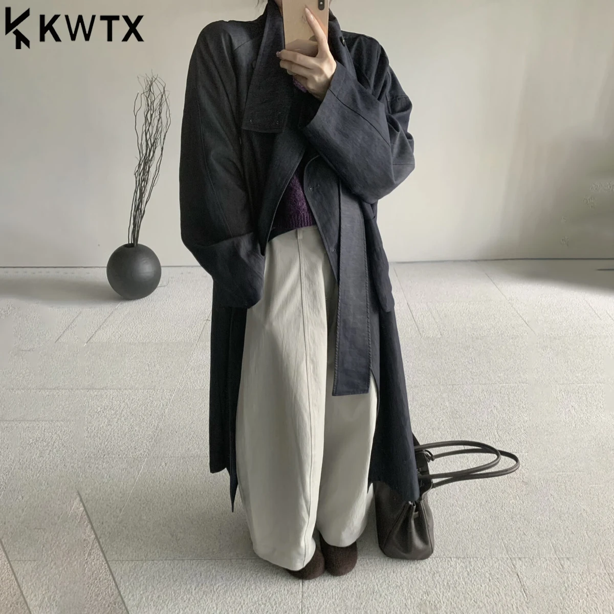 

KWTX New 2025 Women Trench Coat Fall Winter Stand Collar Belted Single Breasted Pockets Elegant Vintage Chic Casual Luxe