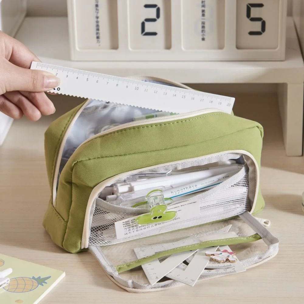 Fashion Large Capacity Transparent Pencil Case with Zipper Double Layers Pencil Bag Stationery Box Student