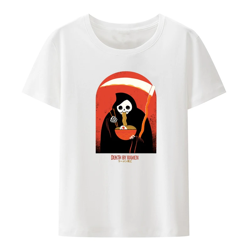 Death By Ramen Graphic T-shirt Funny Tee Loose Aesthetic Popular Portrait Female Clothing Same Style Otaku De Mujer Novelty Cute